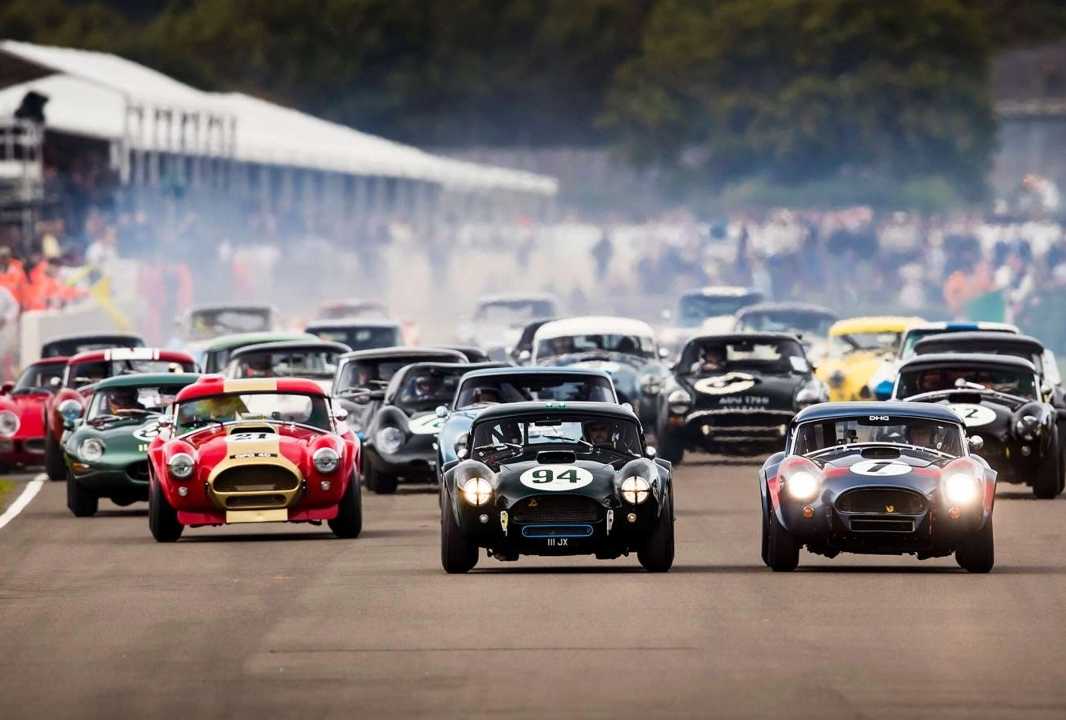 Vintage sports cars racing on a circuit.