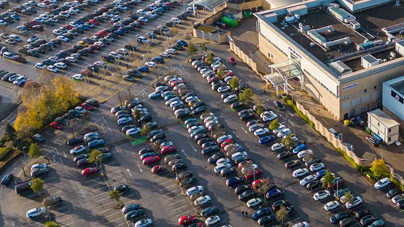 Aerial shot of a shopping centre car park