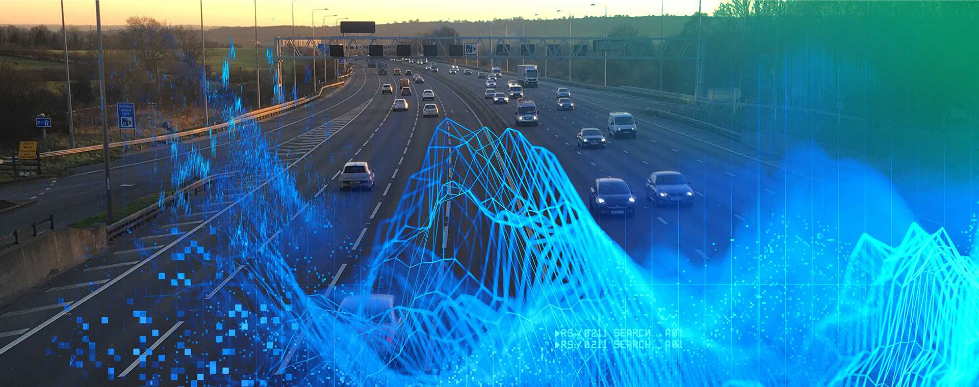 An aerial view of traffic on a motorway, overlayed by abstract wireframe data visualisations